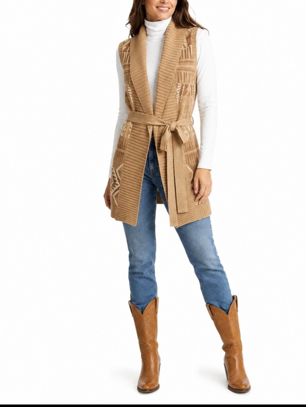 Lauren Ralph Lauren Silk Linen Southwestern Belted Long Sweater Vest M Aztec